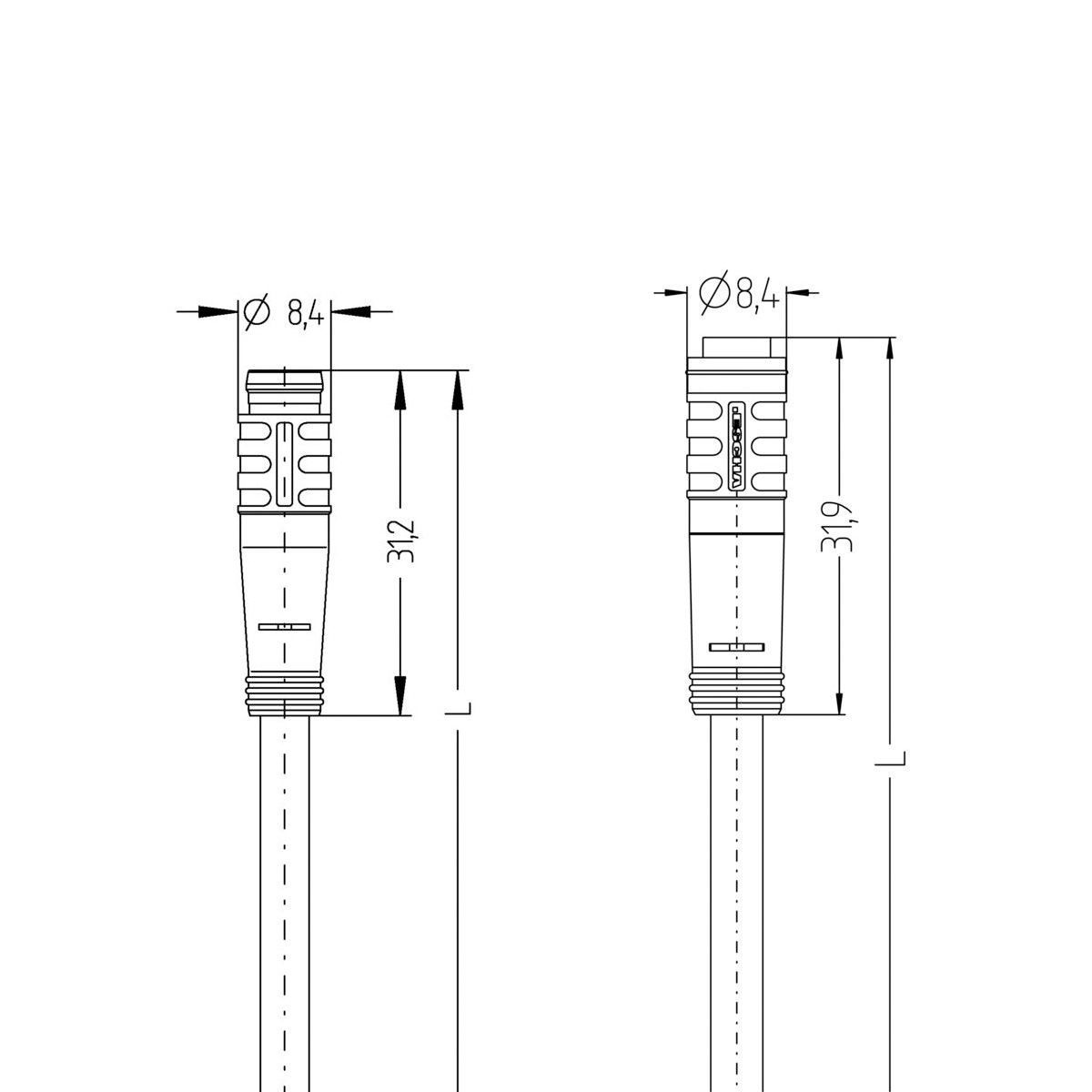 Кабель AL-KP4-5-AL-SP4/P00, хватка &Oslash;8мм , гніздо пряме 4п, хватка &Oslash;8мм, штекер прямий, 4п, ПВХ, 5м, сірий