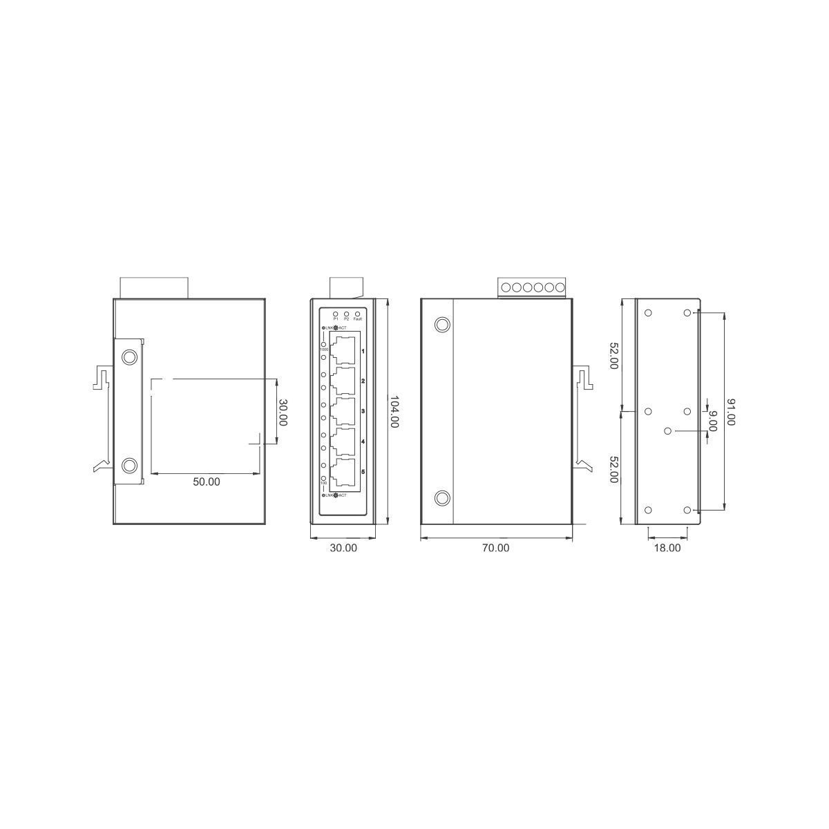 Некерований 1GB Ethernet-світч ET-SWGU5E на 5 портів, 10/100/1000 MBit DC 12...48V, AC 24V, -40&deg;C/+75&deg;C | LUTZE