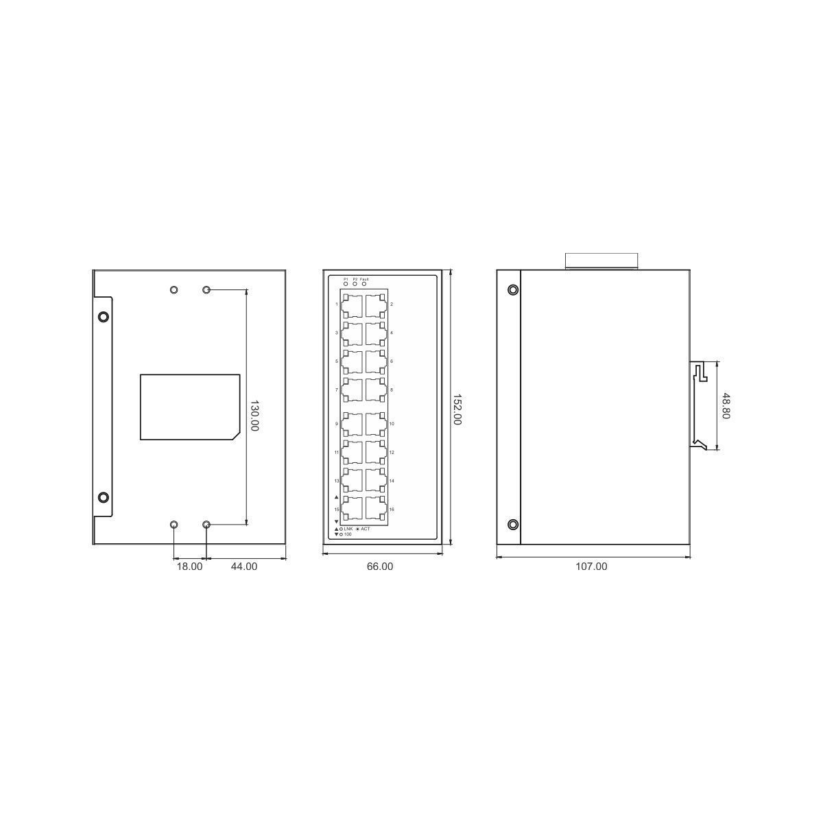 Некерований Ethernet-світч на 16 портів, 10/100 MBit DC 12...48V, AC 24V, -40&deg;C/+75&deg;C | LUTZE