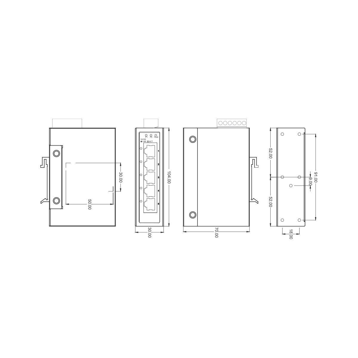 Некерований Ethernet-світч на 5 портів, 10/100 MBit DC 12...48V, AC 24V, -40&deg;C/+75&deg;C | LUTZE