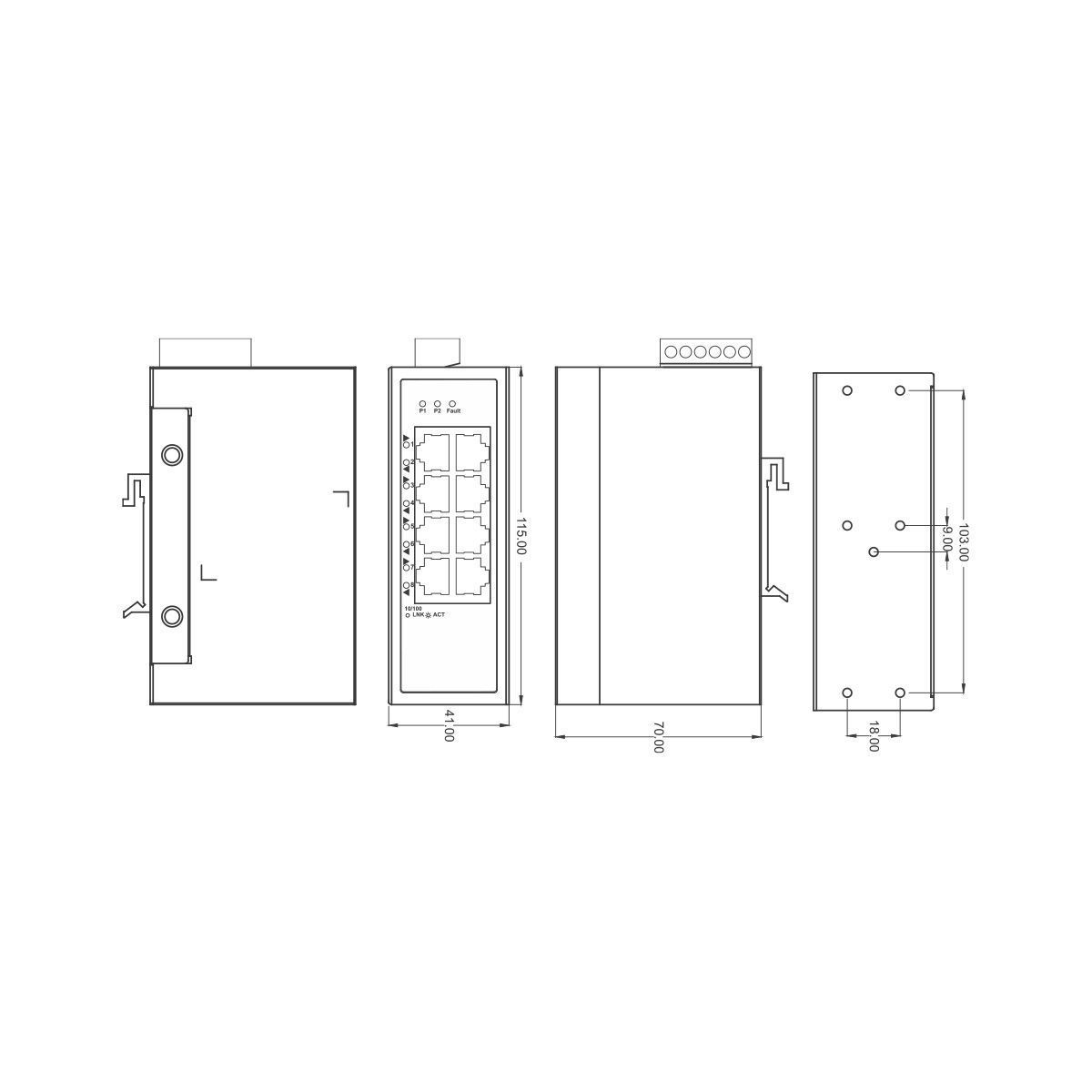 Некерований Ethernet-світч на 8 портів, 10/100 MBit DC 12...48V, AC 24V, -40&deg;C/+75&deg;C | LUTZE