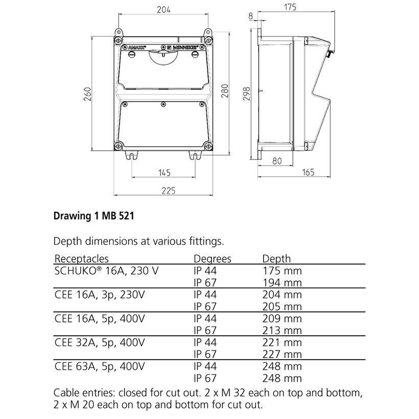 Модуль AMAXX 260x225 мм з роз'ємами 1xCEE16А5п 2xSchuko 1 RCD 40 A 4 p 0.03 A 1xMCB16А3п/C 2xMCB16А1п/C IP44, 2, 1, є, 2, 1, 1, 260x225