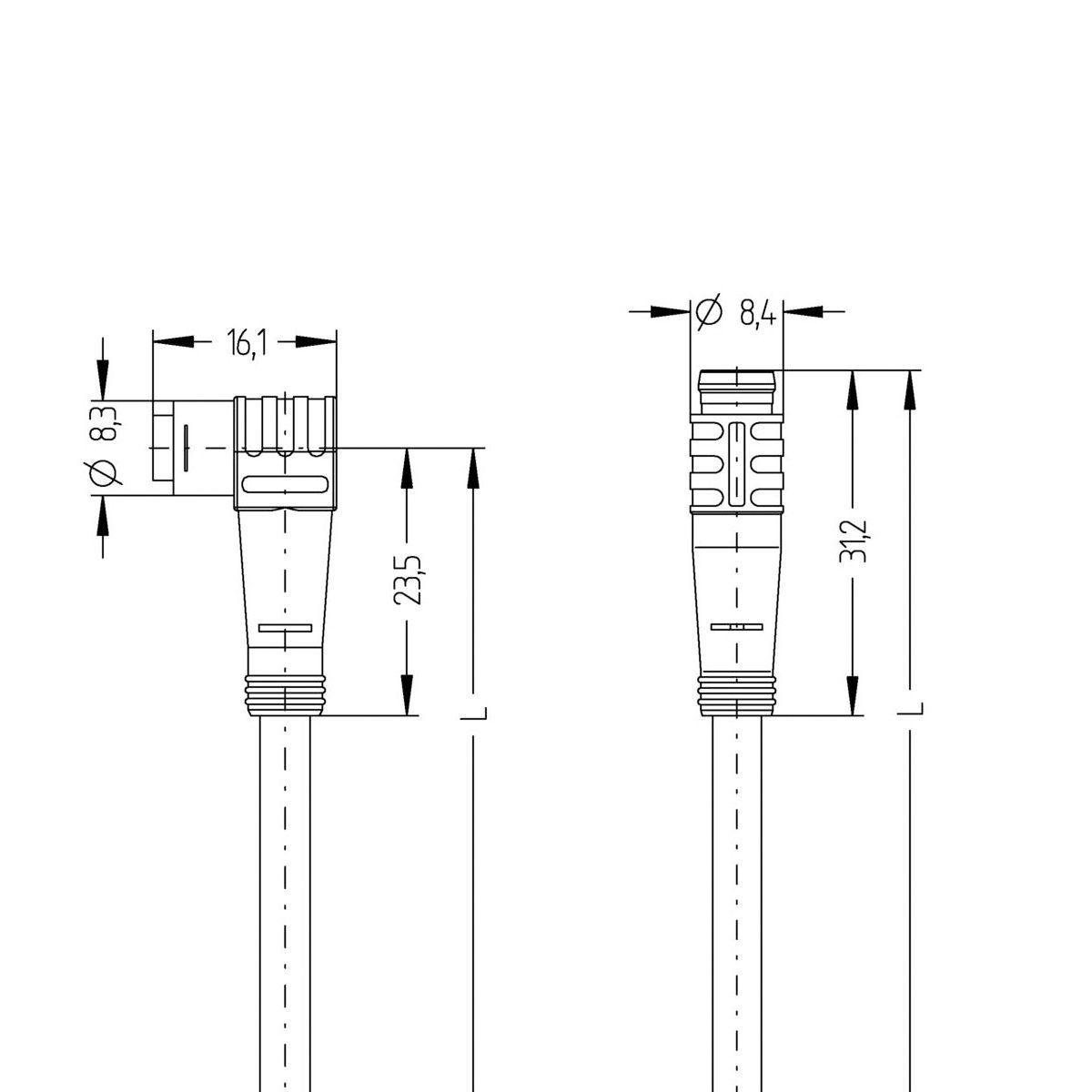 Кабель AL-WKP3-1-AL-SP3/P00, хватка &Oslash;8мм , гніздо кутове 3п, хватка &Oslash;8мм, штекер прямий, 3п, ПВХ, 1м, сірий