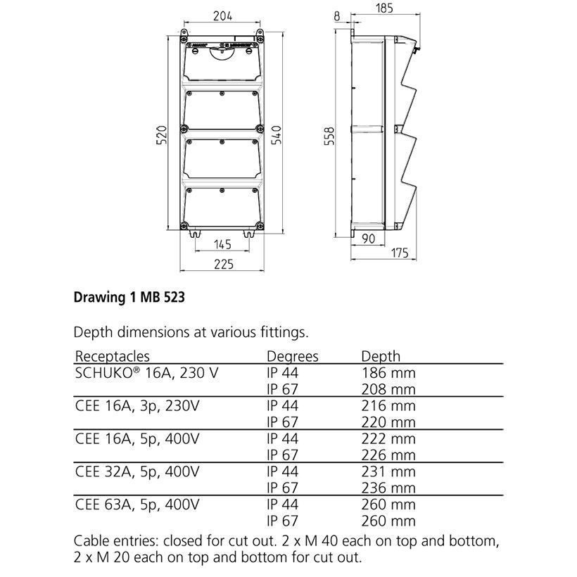 Модуль AMAXX 520x225 мм з роз'ємами 1xCEE16А5п 1xCEE32А5п 2xSchuko 1xRCD 40А 4п 0.03А 1xMCB32А3п/C 1xMCB16А3п/C 2xMCB16А1п/C IP44, 2, 1, 1, є, 40A 4p IFN=0.03 A, 2, 1, 1, 1, 520x225