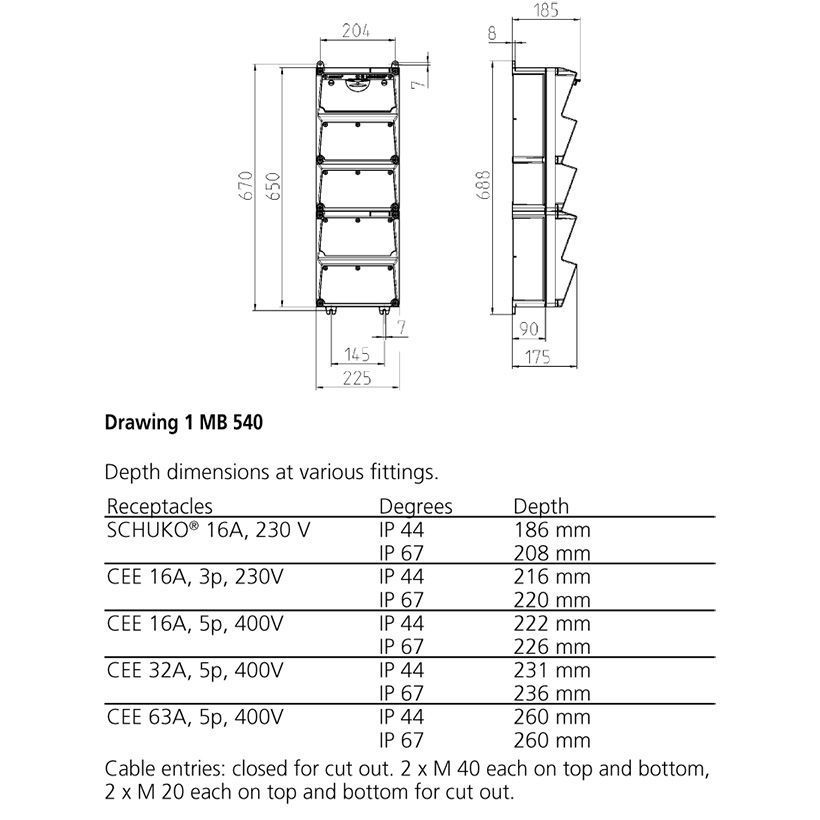 Модуль AMAXX 650x225 мм з роз'ємами 1xCEE16А5п 1xCEE32А5п 6xSchuko 1xRCD 63А 4п 0.03А 1xMCB32А3п/C 1xMCB16А3п/C 6xMCB16А1п/C IP44, 6, 1, 1, є, 63A 4p IFN=0.03A, 6, 1, 1, 1, 650x225