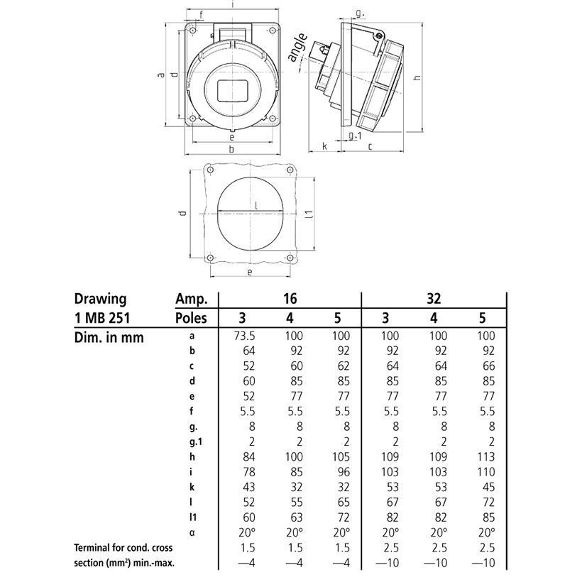 Розетка панельна 16A 4п 6г 400В, IP67 (нахил 20&deg;), 16 A, 4, 400 В, 6г