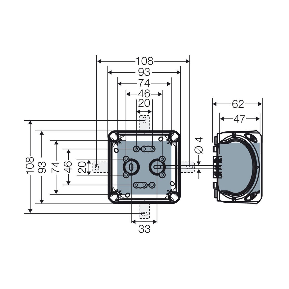 Розподільна коробка KF0202G 93x93x62 мм, IP66/67, з клемником 5х2,5 мм&sup2;, світло-сіра RAL 7035 | HENSEL