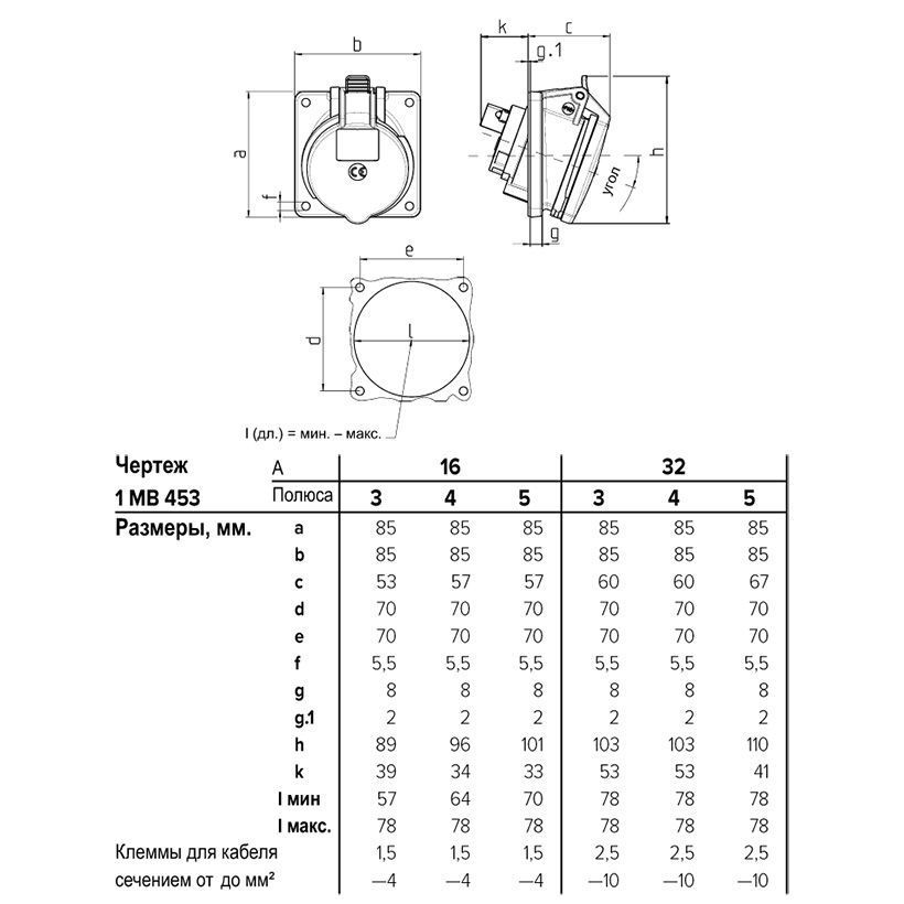 Розетка панельна 16A 4п 6г 400В, IP44 (нахил 20&deg;), 16 A, 4, 400 В, 6г
