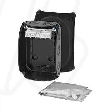 Розподільна коробка WP1006B 180x130x77 мм, з клемником 1,5-6 мм&sup2; і компаундом, чорна RAL 9011, IP66 | HENSEL