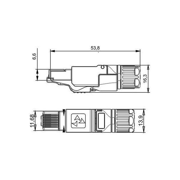 Роз'єм Cat.6A T568A для монтажу RJ45 прямий, штекер, 8п, AWG24-22/1, AWG24-22/7, AWG24-22/19, металевий корпус з каб. вводом
