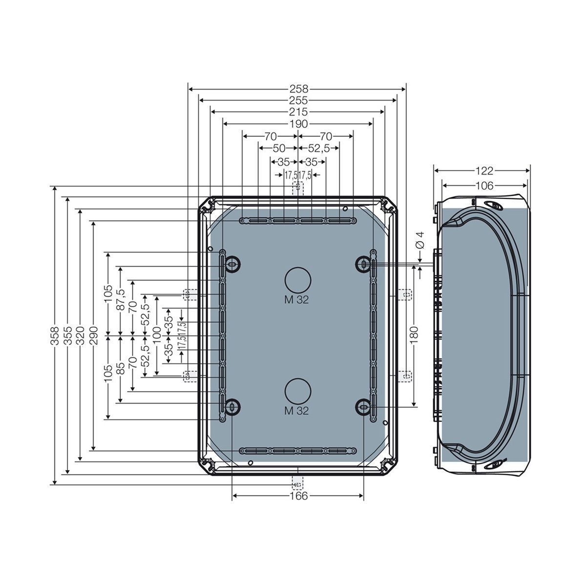 Розподільна коробка KF5050G 355x255x122 мм, IP66/67, з клемником 5х50 мм&sup2;, світло-сіра RAL 7035 | HENSEL
