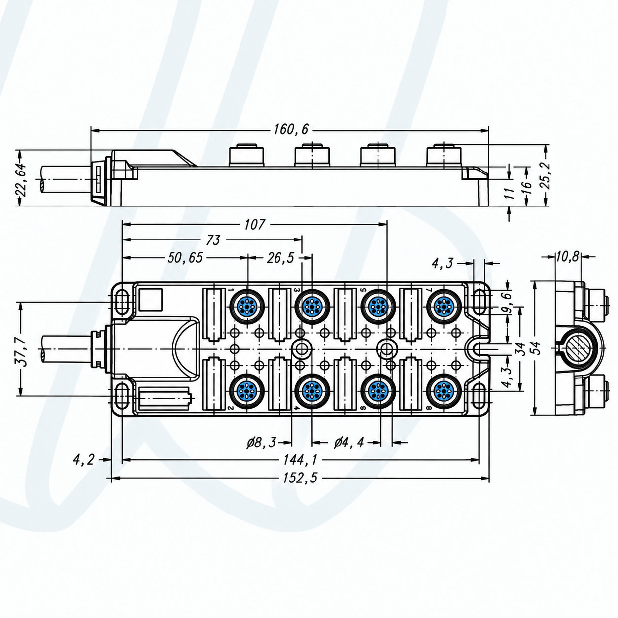 Пасивний I/O-розгалужувач ESCHA 8I/OM12-5P3C-7/S370, 8 портів, M12, гніздо, 4+PE конт., кабель 7 м