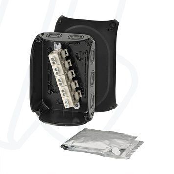 Розподільна коробка WP1010B 180x130x77 мм, з клемником 1,5-10 мм&sup2; і компаундом, чорна RAL 9011, IP66 | HENSEL