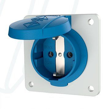 Розетка панельна SCHUKO з фланцем 75х75 мм 16A 2п+З 230В, IP54 синя (клеми plug-in), 16 A, 2+E, 230 В