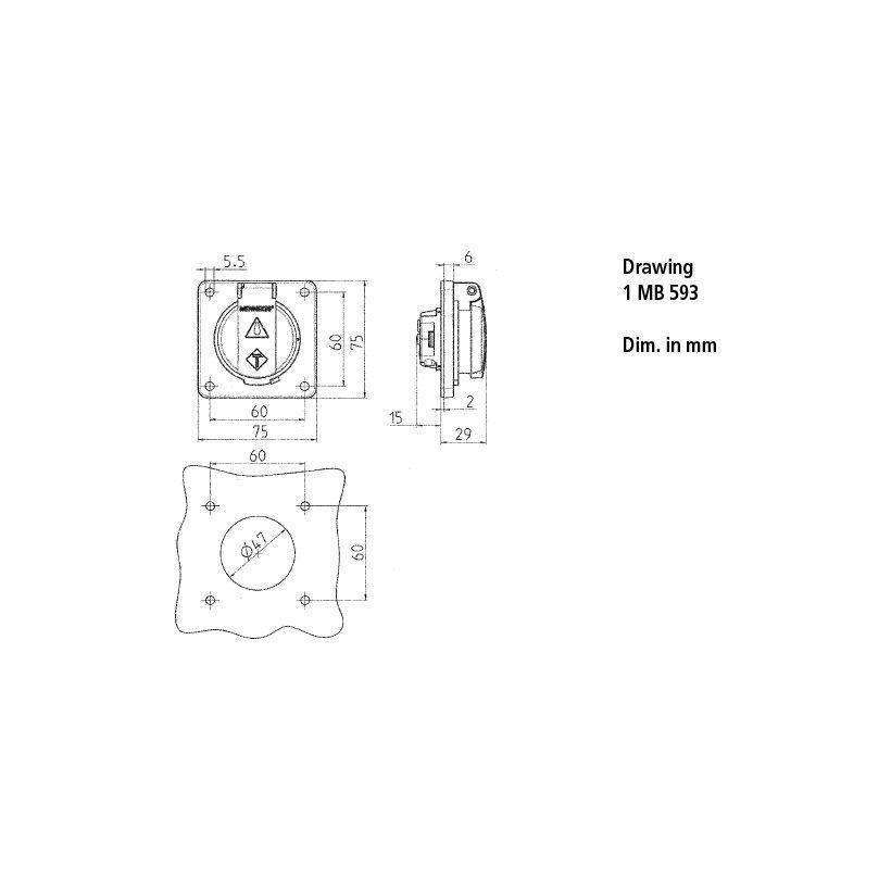 Розетка панельна SCHUKO з фланцем 75х75 мм 16A 2п+З 230В, IP54 синя (клеми plug-in), 16 A, 2+E, 230 В