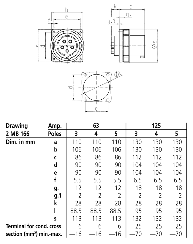 Штекер панельний 125A 5п 6г 400В, IP67, 125 A, 5, 400 В, 6г