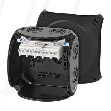 Розподільна коробка KF0404B 104x104x70 мм, IP66/67, з клемником 5х4 мм&sup2;, чорна RAL 9011 | HENSEL