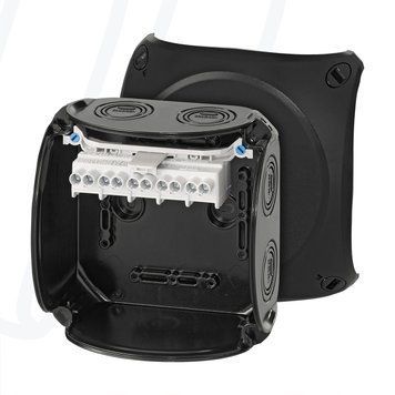Розподільна коробка KF0606B 130x130x77 мм, IP66/67, з клемником 5х6 мм&sup2;, чорна RAL 9011 | HENSEL