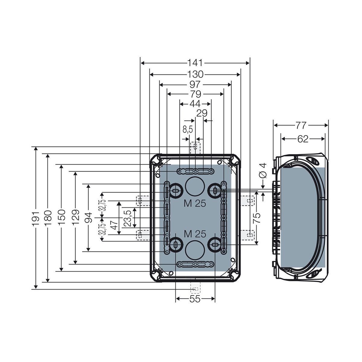 Розподільна коробка KF1000H 180x130x77 мм, IP66/67, без клемника, пласкі стінки, світло-сіра RAL 7035 | HENSEL