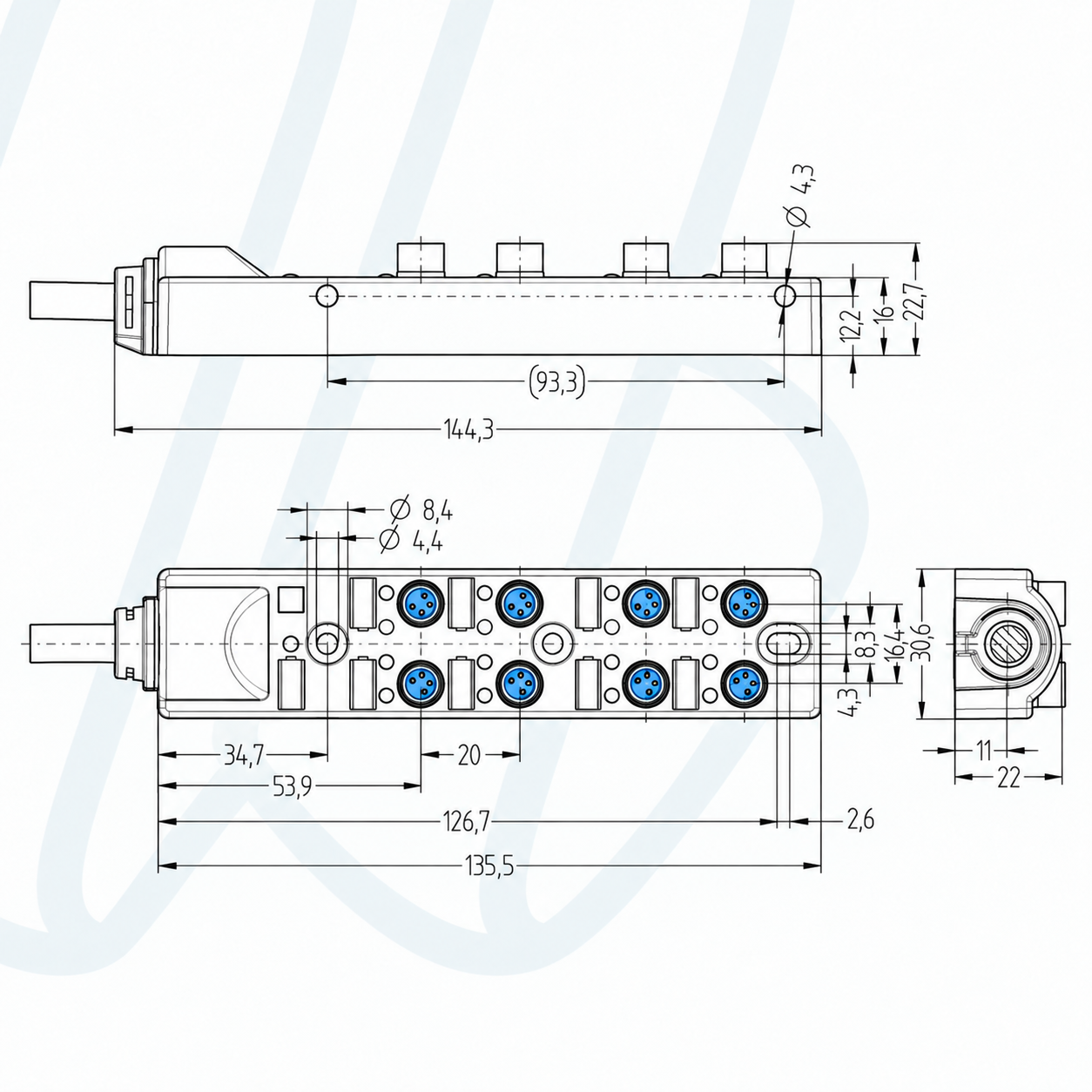 Пасивний I/O-розгалужувач ESCHA 8I/OM8-4P3C-10/S370, 8 портів, M8, гніздо, 4 конт., кабель 10 м